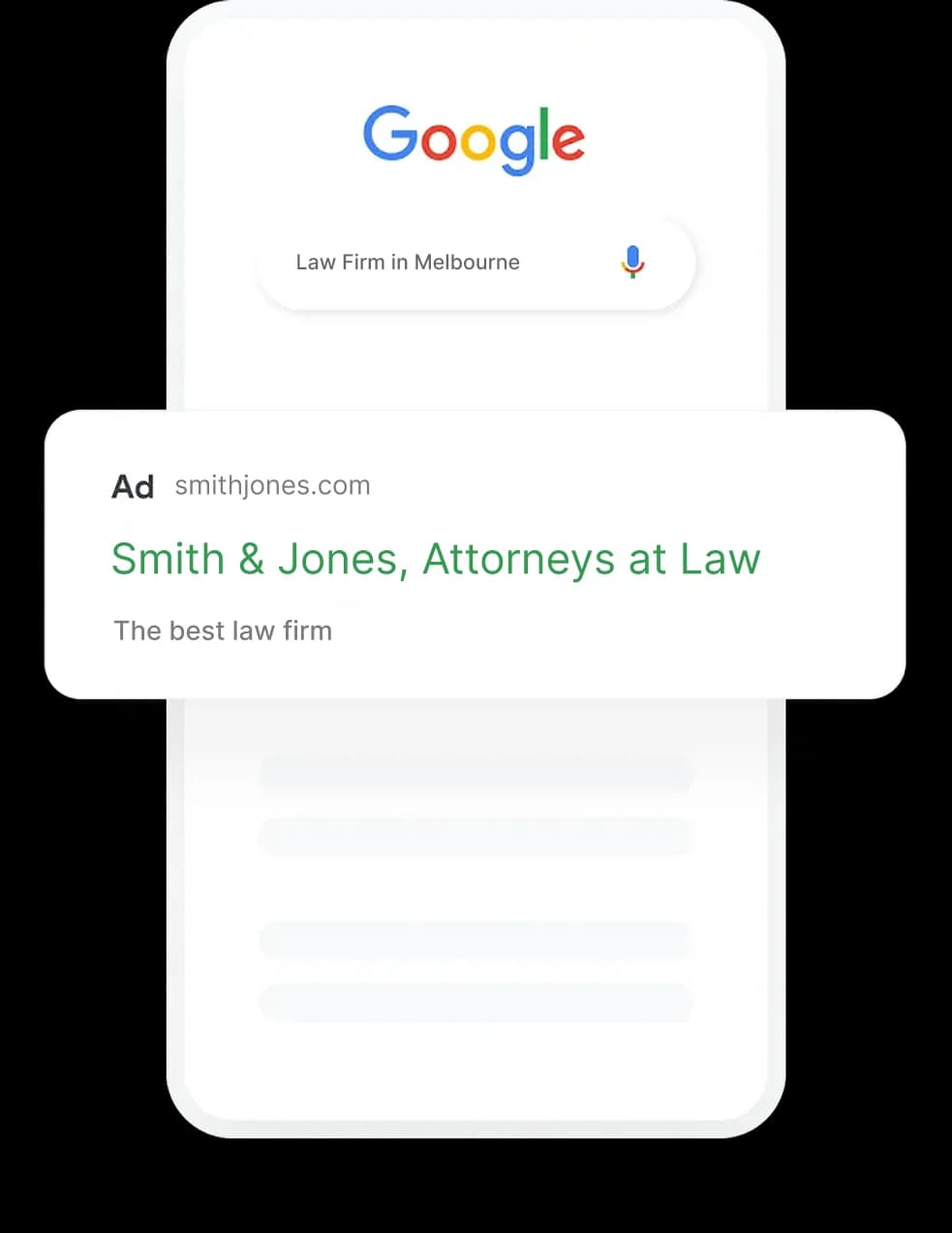 Phone showing a Google search ad for a local law firm